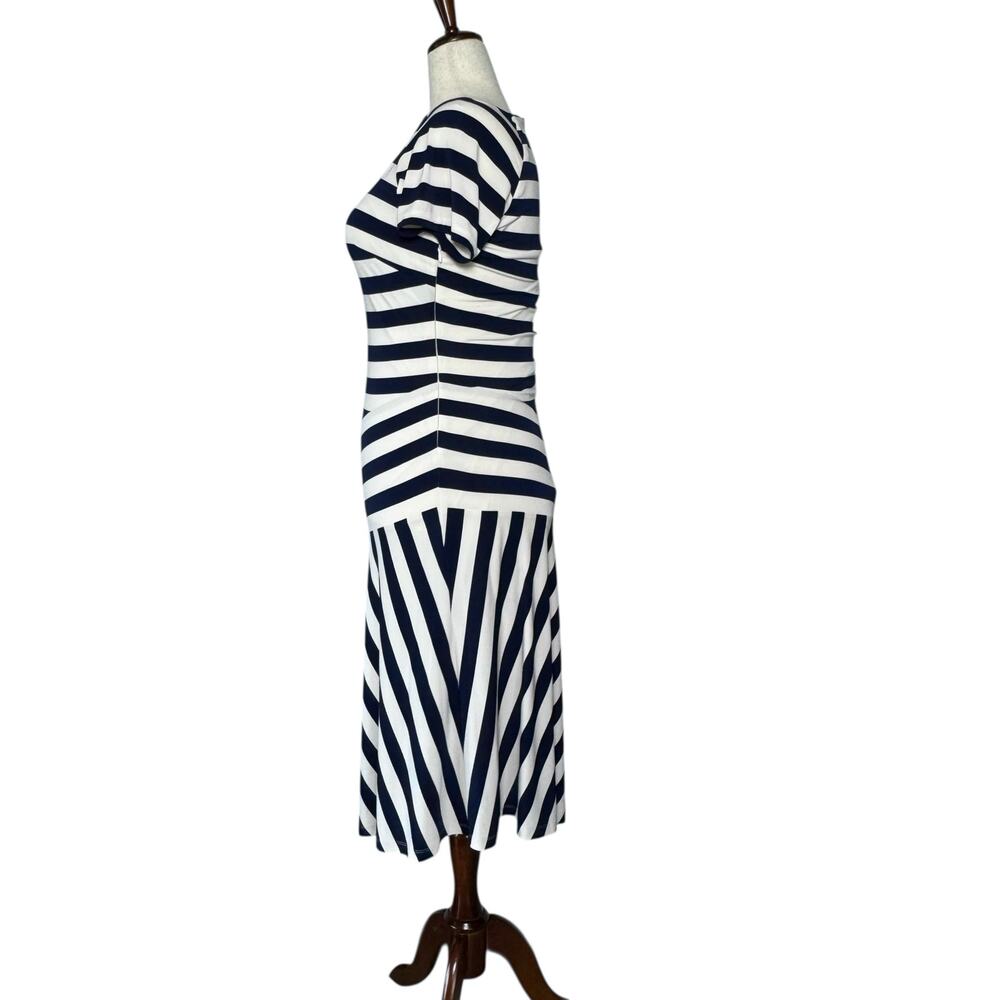 Ralph Lauren Navy White Striped Midi Dress Asymmetrical Hem Stretch Size 10 - Picture 3 of 7